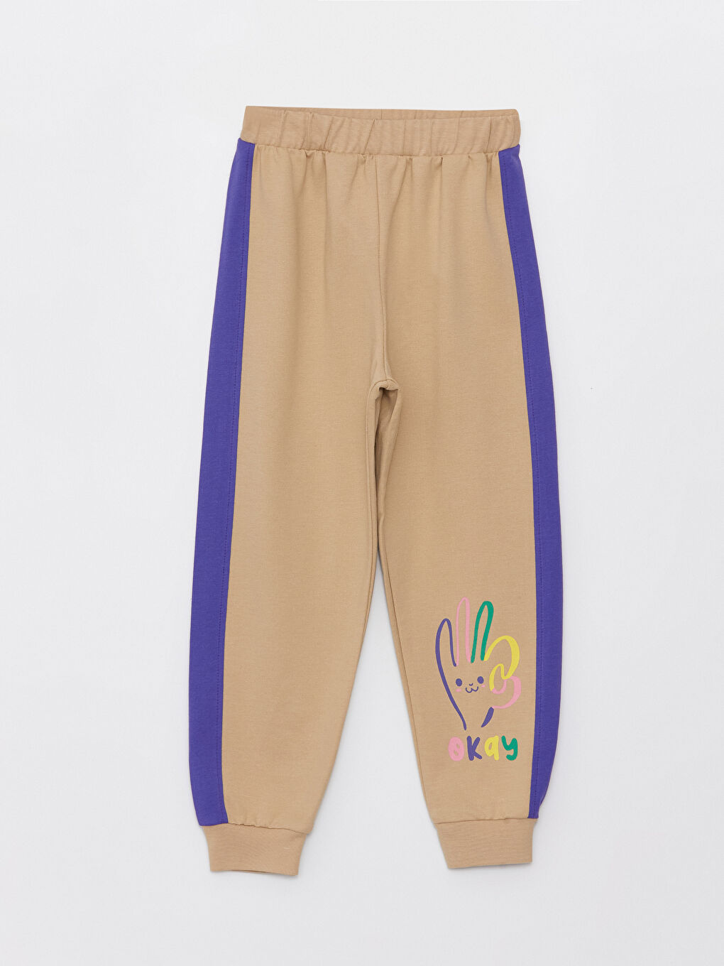 Bej Beli Lastikli Baskılı Kız Çocuk Eşofman Altı-2