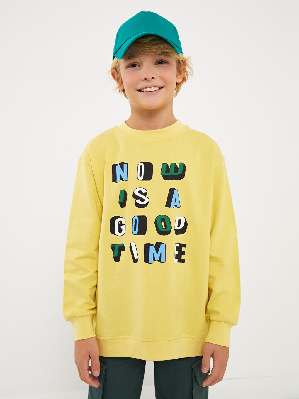 Sarı Bisiklet Yaka Baskılı Uzun Kollu Erkek Çocuk Sweatshirt-1