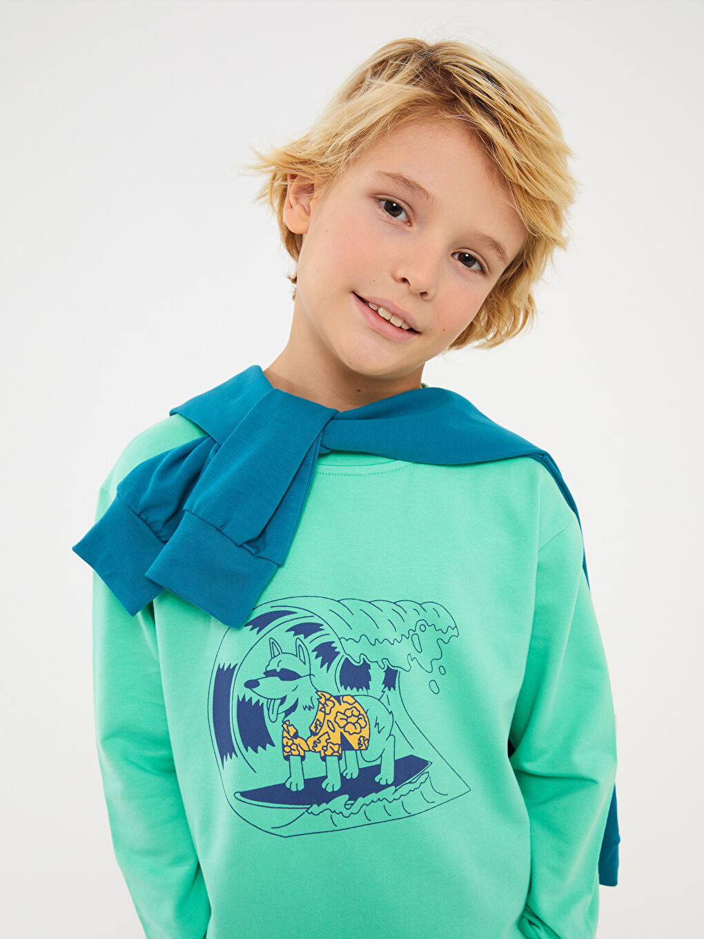 Yeşil Bisiklet Yaka Baskılı Uzun Kollu Erkek Çocuk Sweatshirt