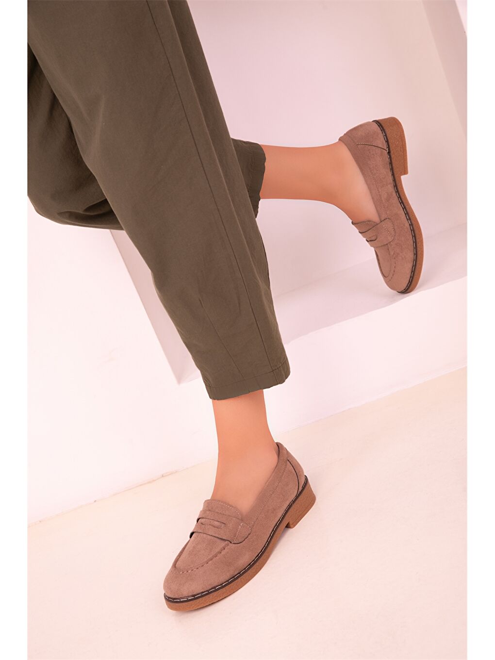 Kahverengi Süet Görünümlü Kadın Loafer Ayakkabı