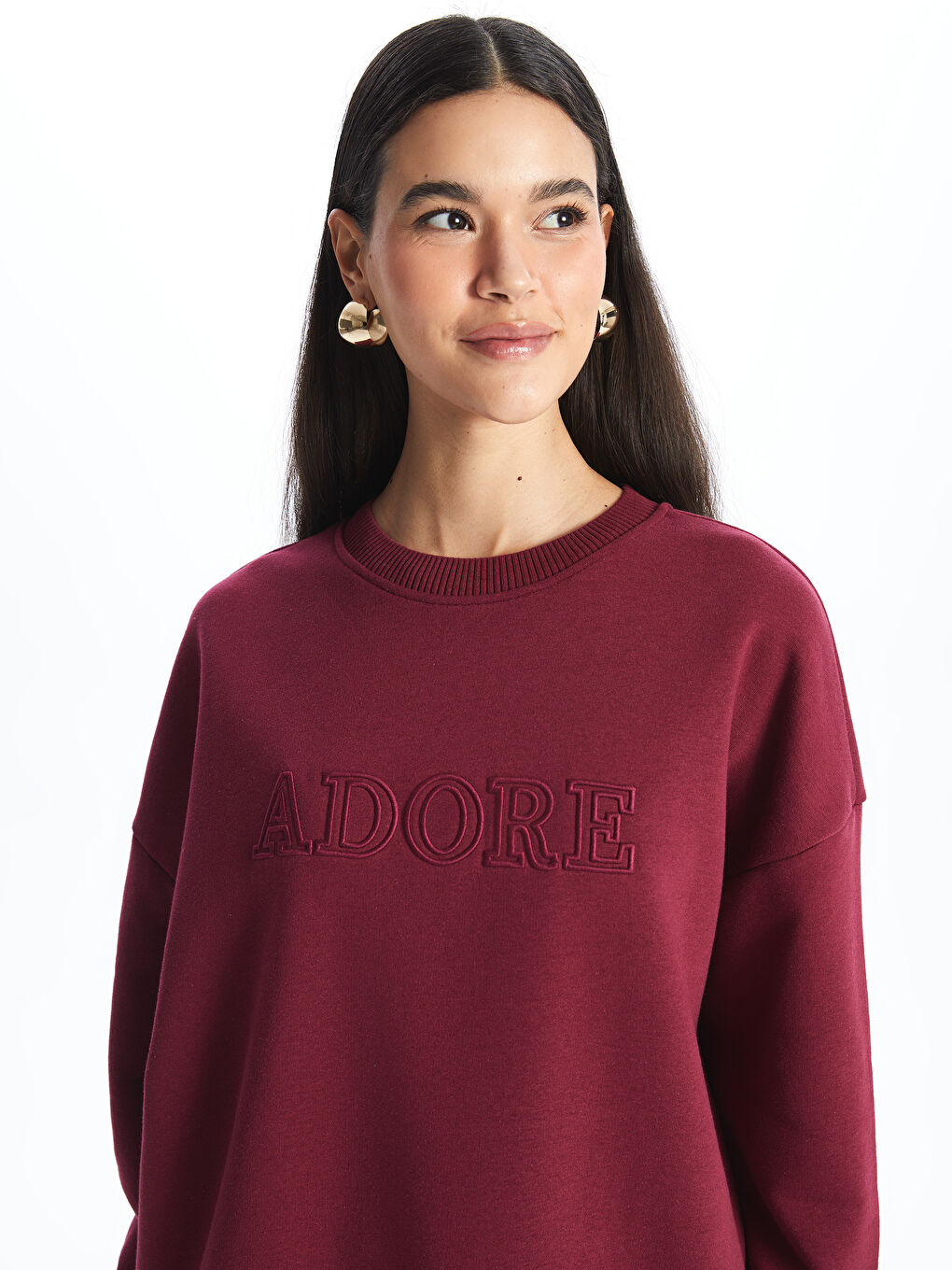 LCW Vision Açık Bordo Bisiklet Yaka Nakışlı Uzun Kollu Oversize Kadın Sweatshirt