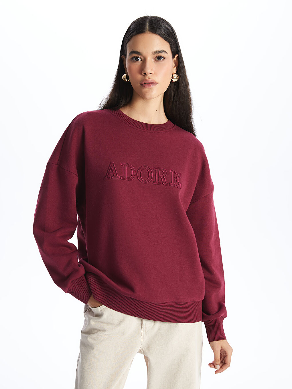 LCW Vision Açık Bordo Bisiklet Yaka Nakışlı Uzun Kollu Oversize Kadın Sweatshirt - 1