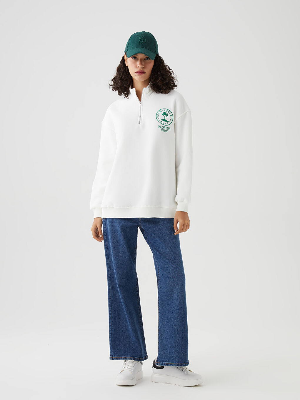 CALİMERA MODA Beyaz Baskılı Fermuarlı Kadın Sweatshirt - 2