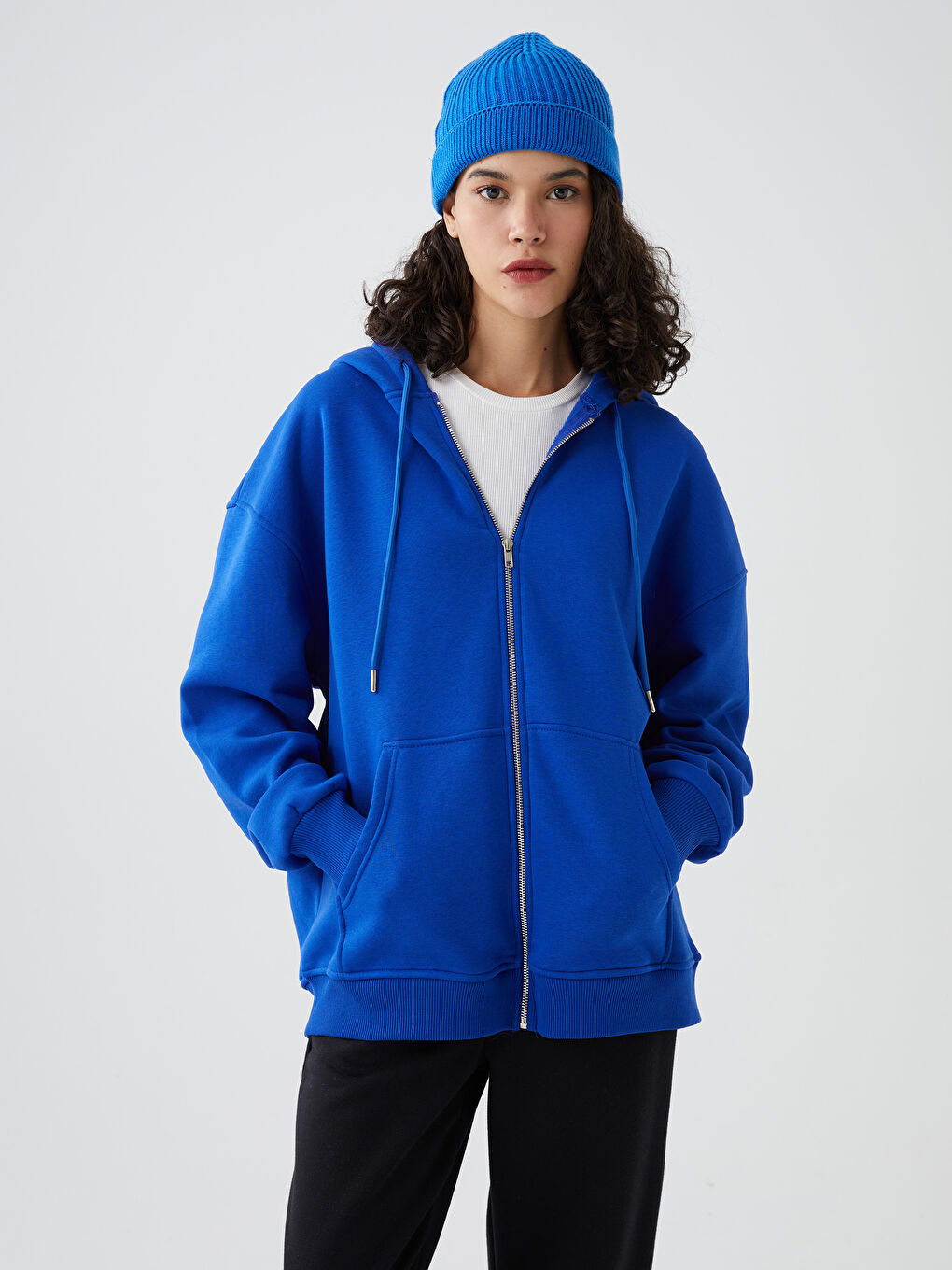 Mavi Fermuarlı Kadın Sweatshirt