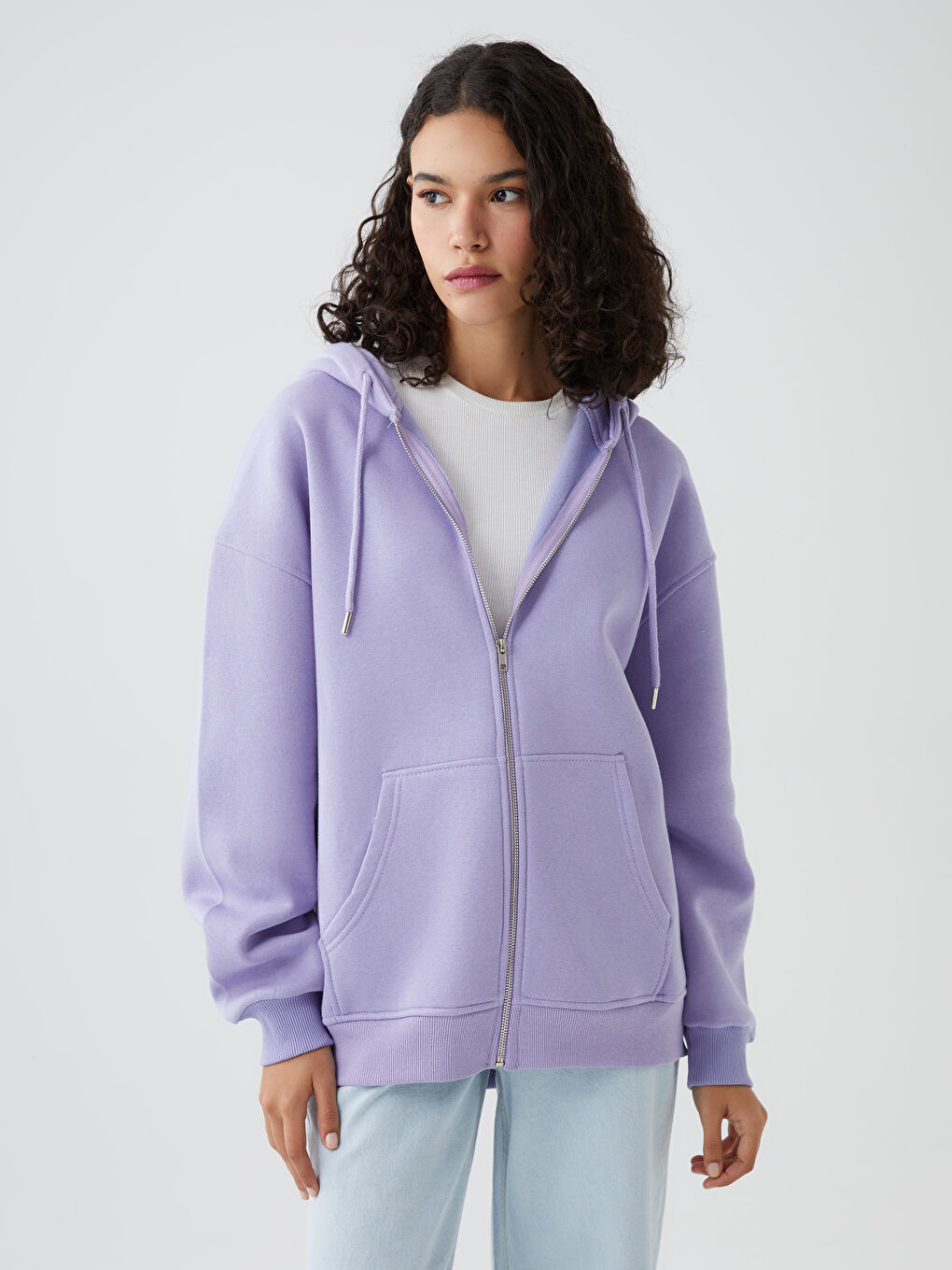 Lila Fermuarlı Kadın Sweatshirt