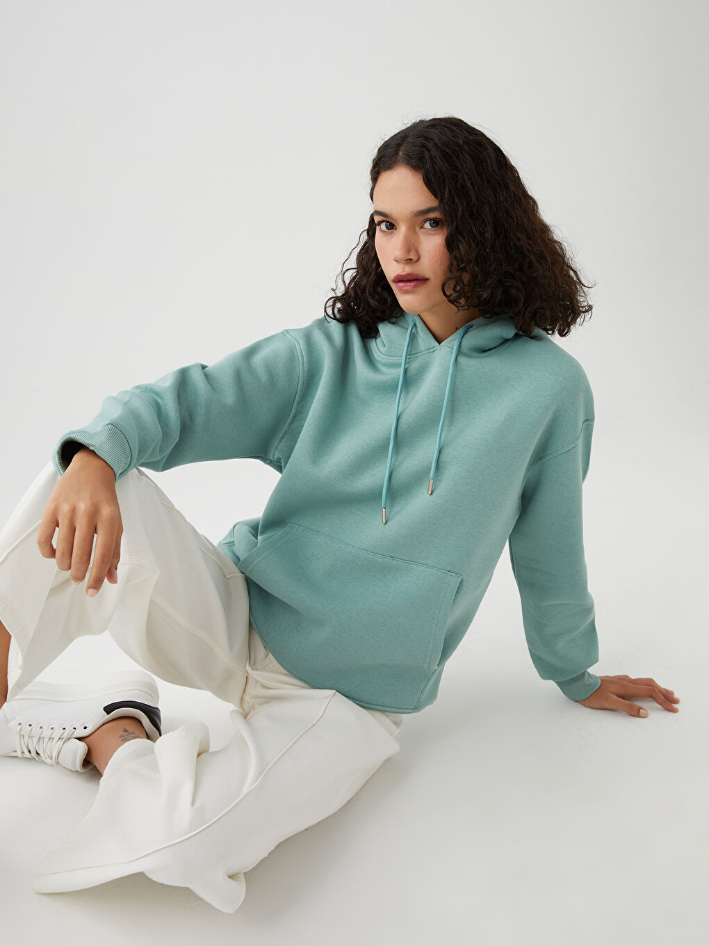 Yeşil Düz Uzun Kollu Kadın Hoodie