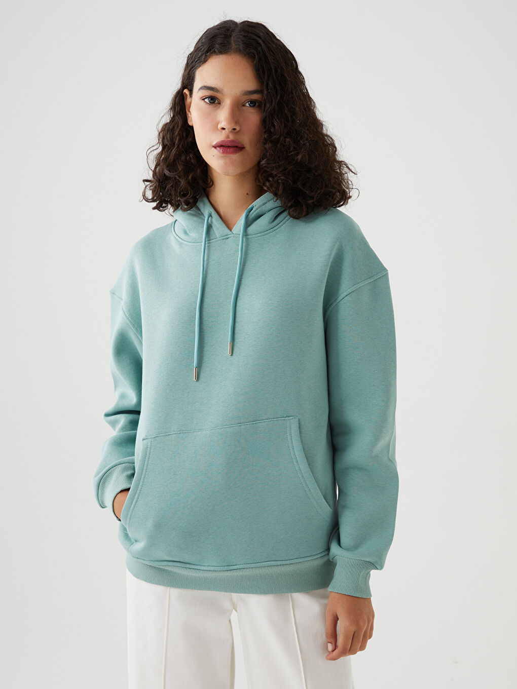 Yeşil Düz Uzun Kollu Kadın Hoodie-1