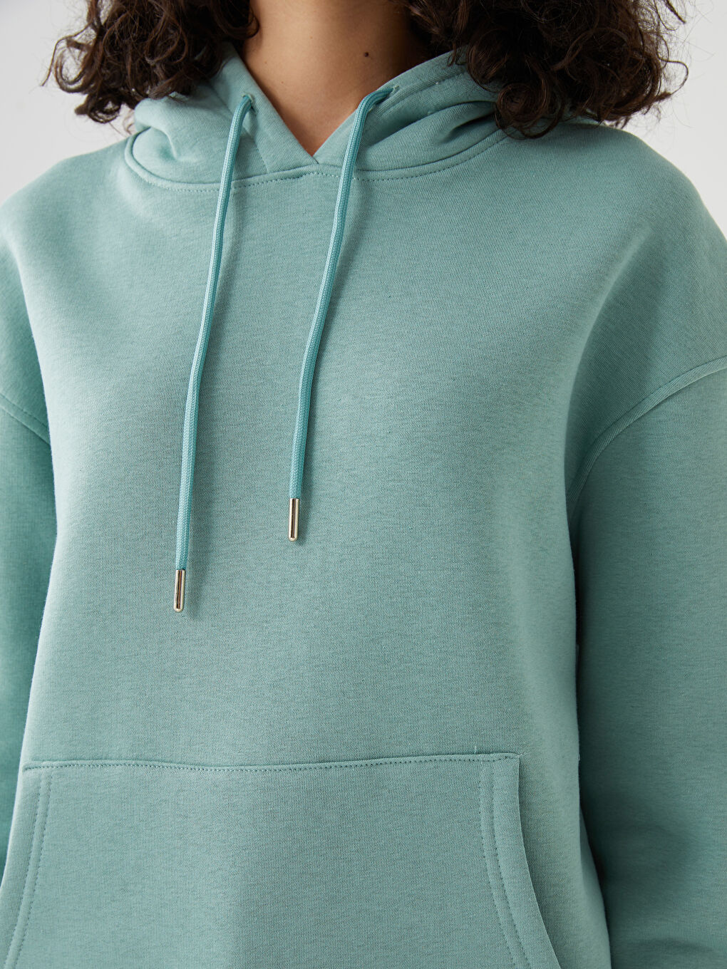 Yeşil Düz Uzun Kollu Kadın Hoodie-3