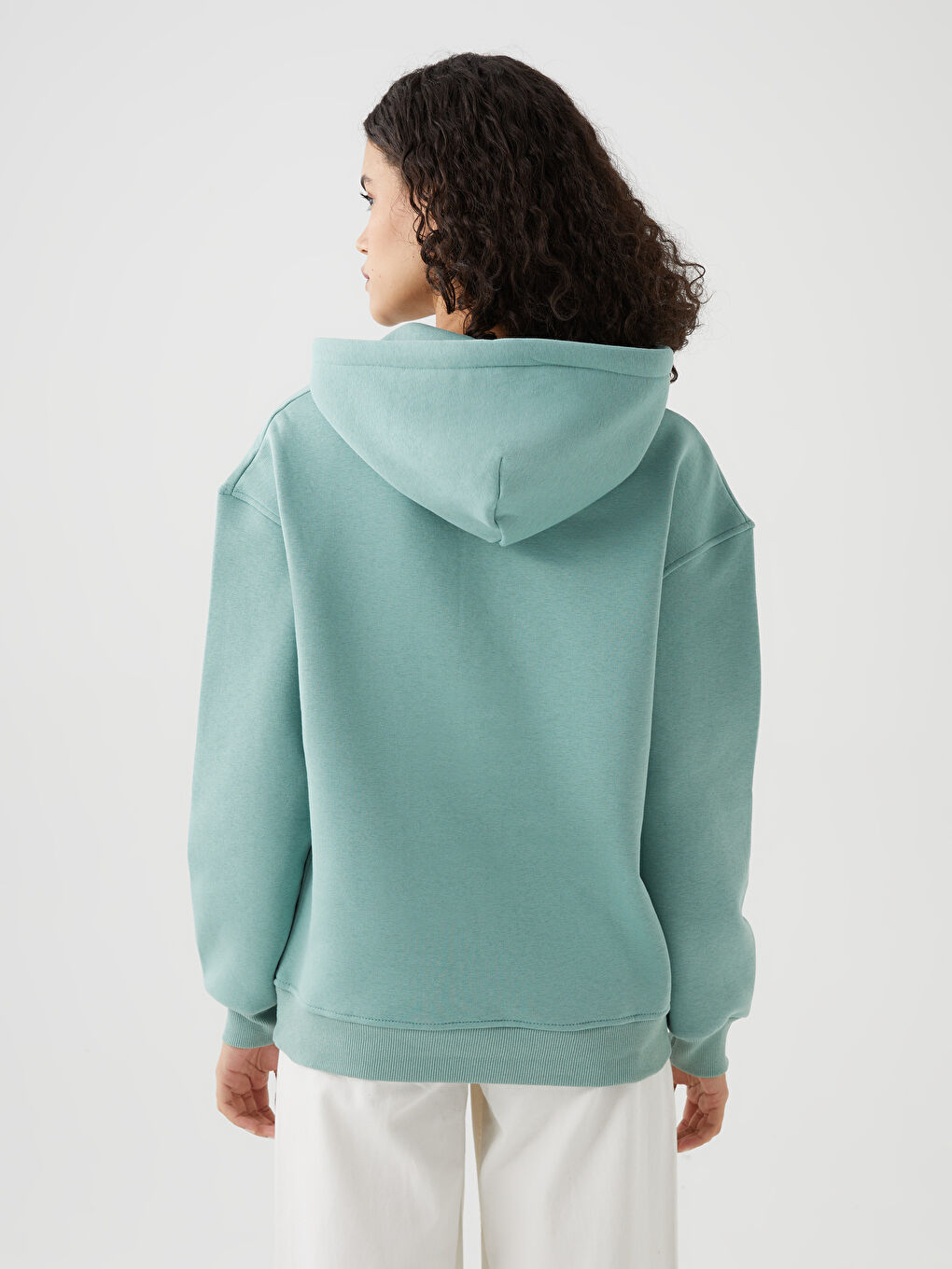 Yeşil Düz Uzun Kollu Kadın Hoodie-4