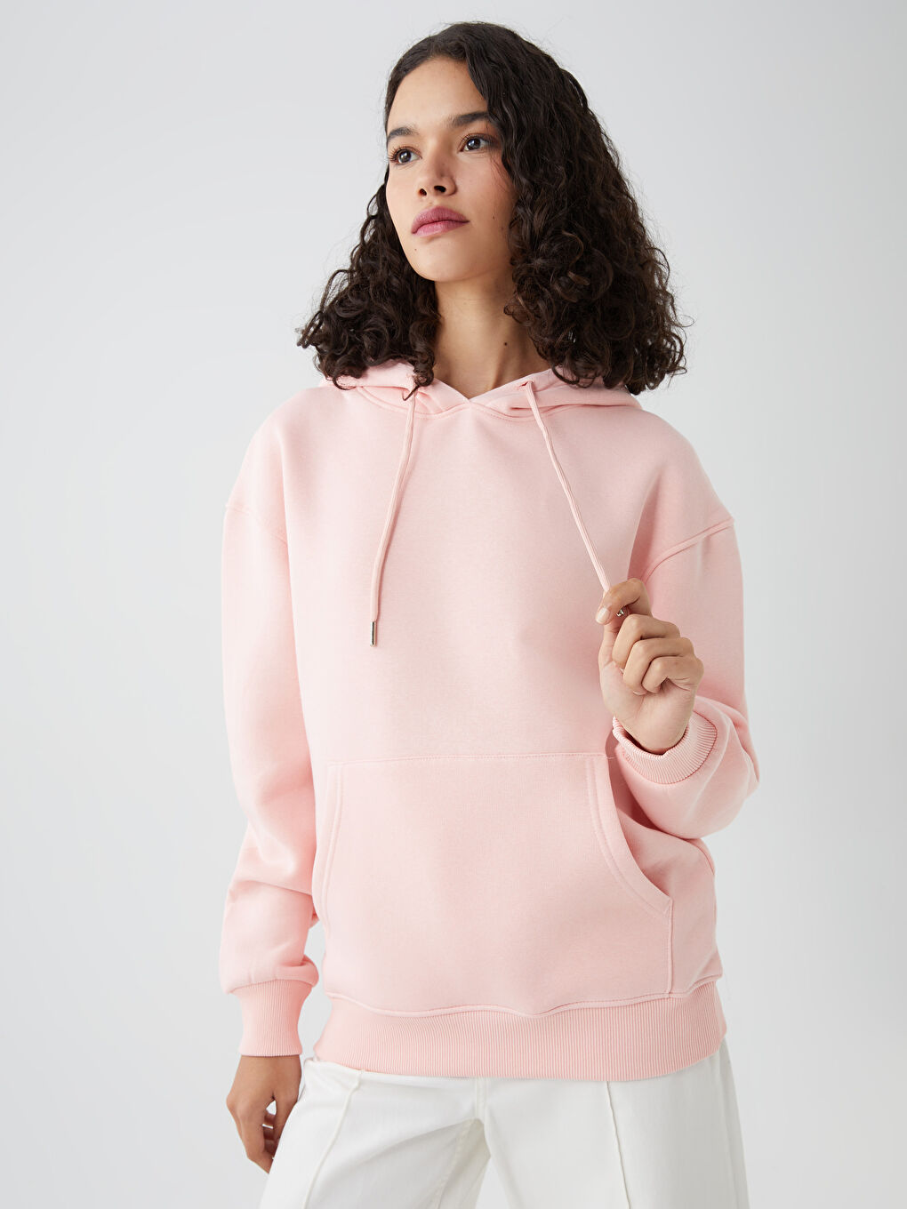 Pembe Düz Uzun Kollu Kadın Hoodie-1