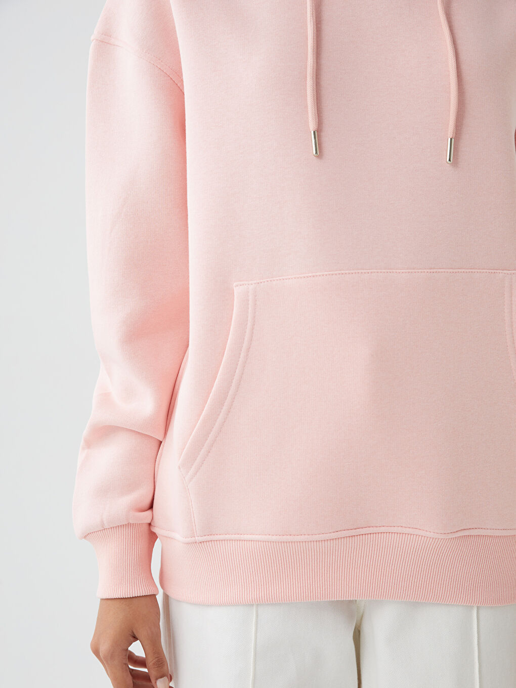 Pembe Düz Uzun Kollu Kadın Hoodie-3