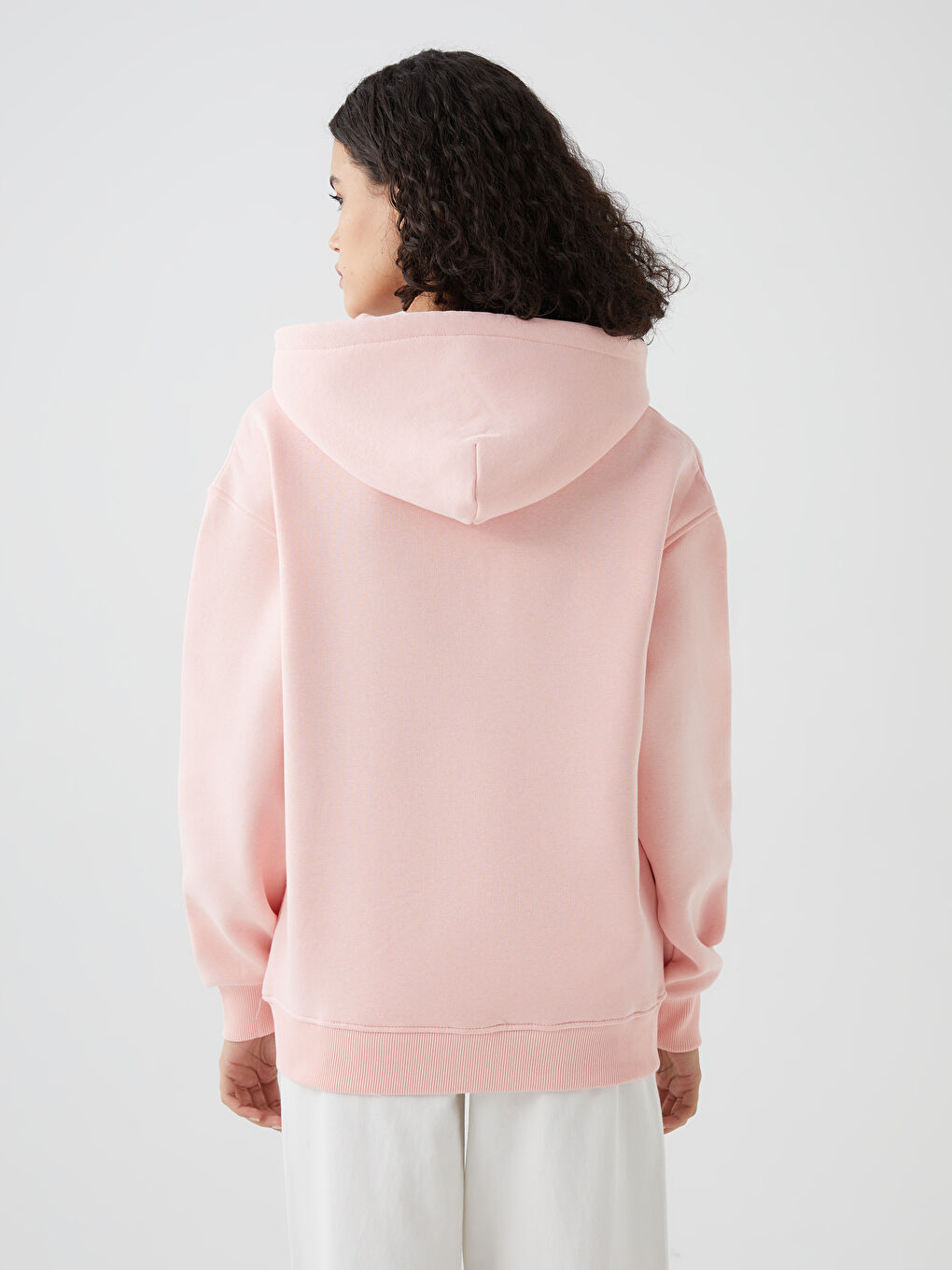 Pembe Düz Uzun Kollu Kadın Hoodie-4