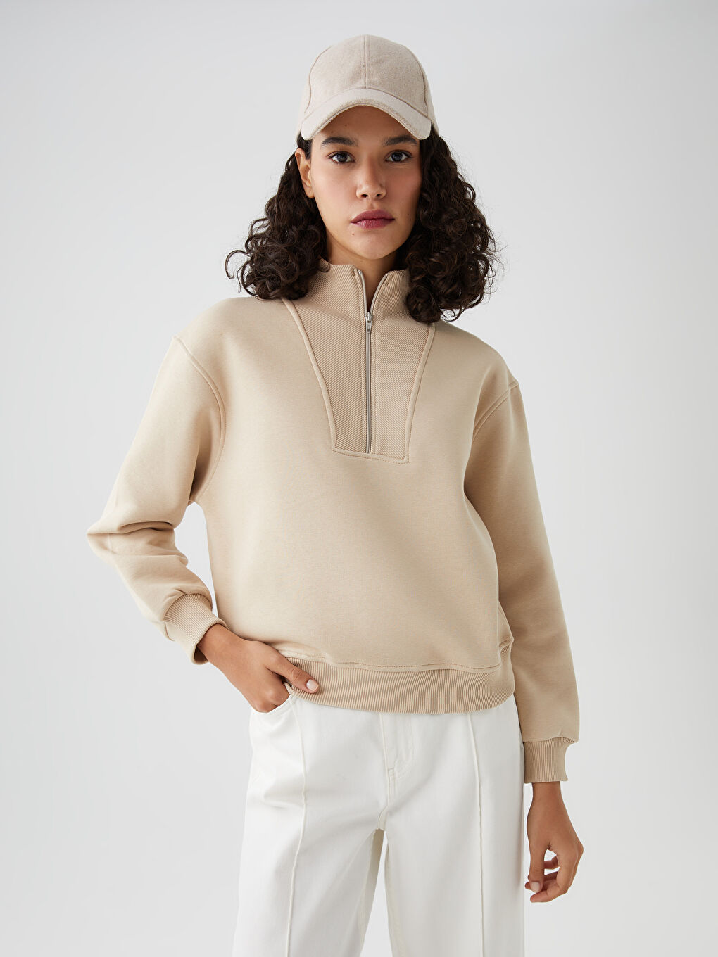 Bej Fermuarlı Kadın Sweatshirt-1