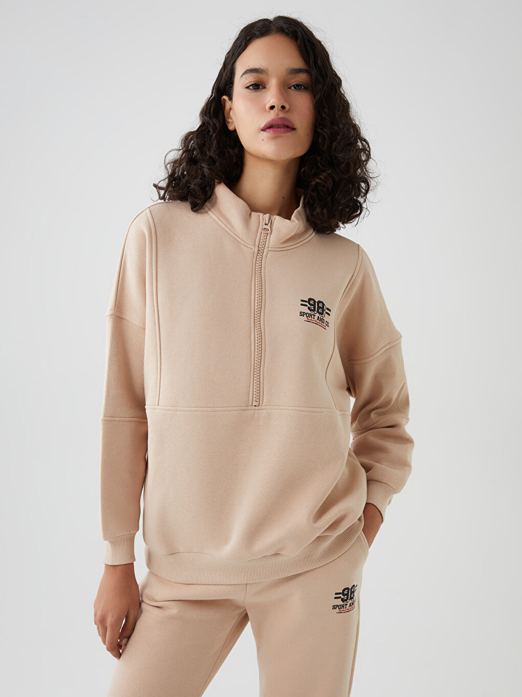 Bej Fermuarlu Kadın Eşofman Takım-2