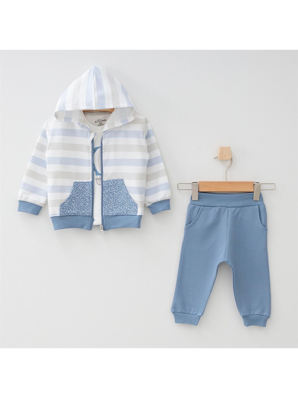 İndigo Kapüşonlu Baskılı Erkek Bebek 3'lü Takım