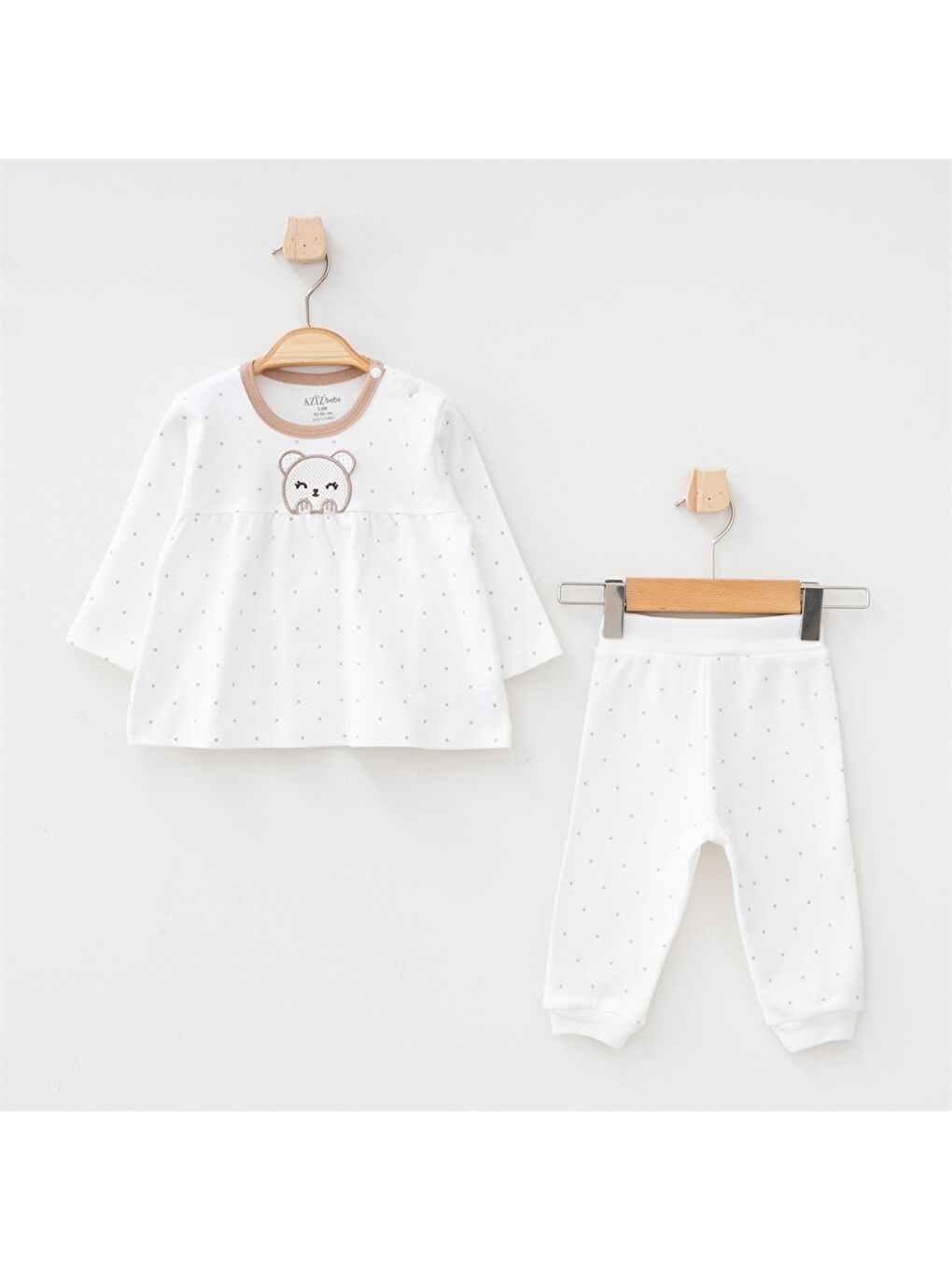 Ekru Bisiklet Yaka Uzun Kollu Baskılı Kız Bebek 2'li Takım