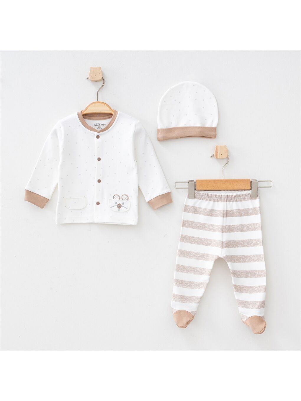 Ekru Bisiklet Yaka Uzun Kollu Erkek Bebek 3'lü Takım