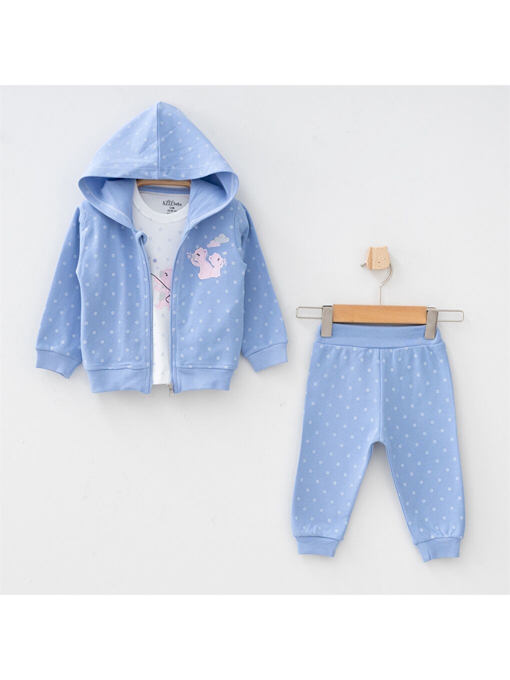 Ekru Kapüşonlu Uzun Kollu Kız Bebek 3'lü Takım