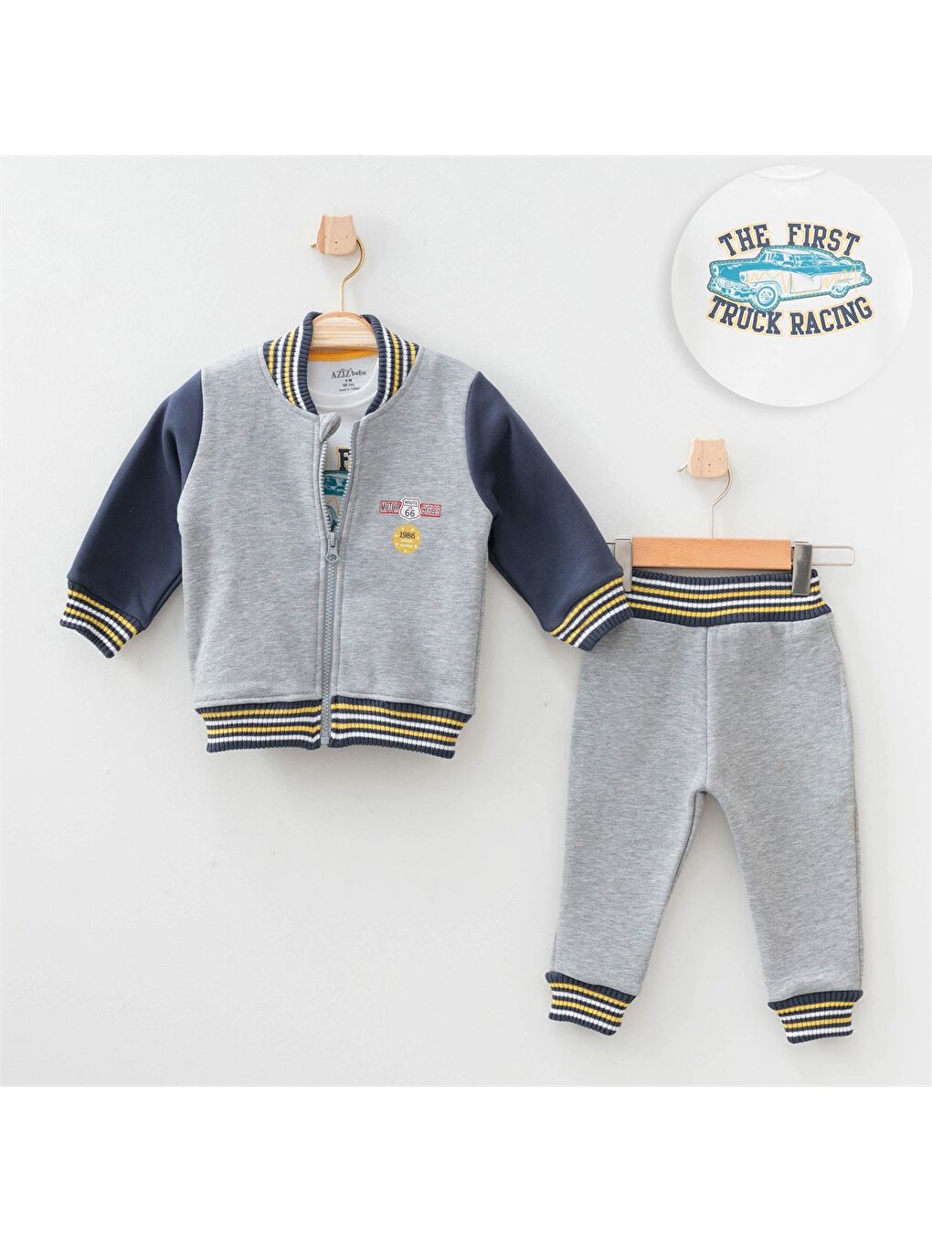 Gri Bisiklet Yaka Uzun Kollu Erkek Bebek 3'lü Takım