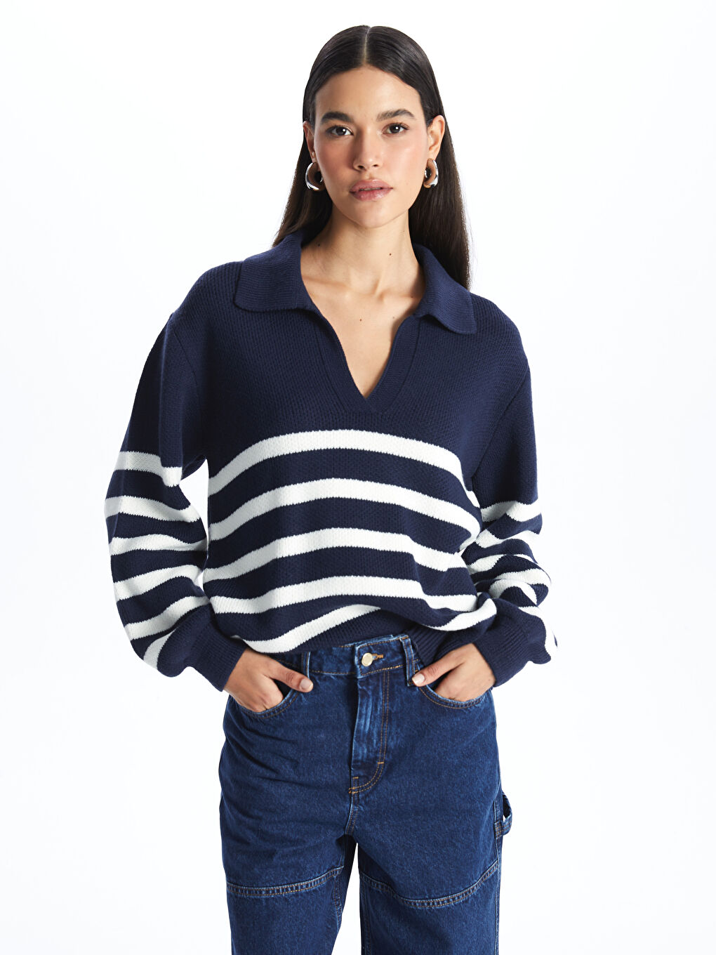 Lacivert Polo Yaka Çizgili Uzun Kollu Kadın Triko Kazak