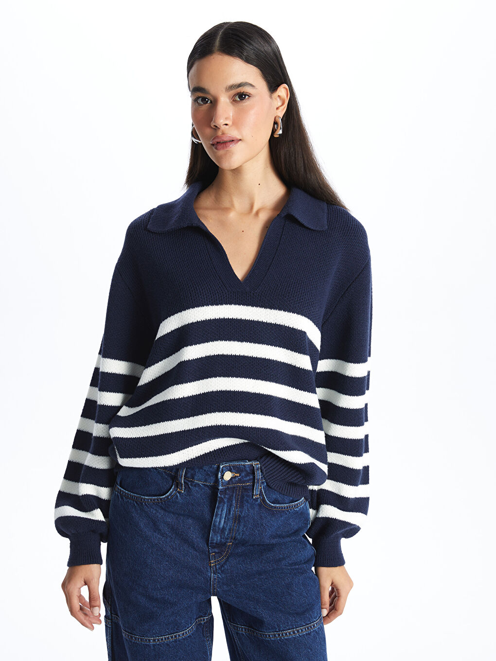Lacivert Polo Yaka Çizgili Uzun Kollu Kadın Triko Kazak-1