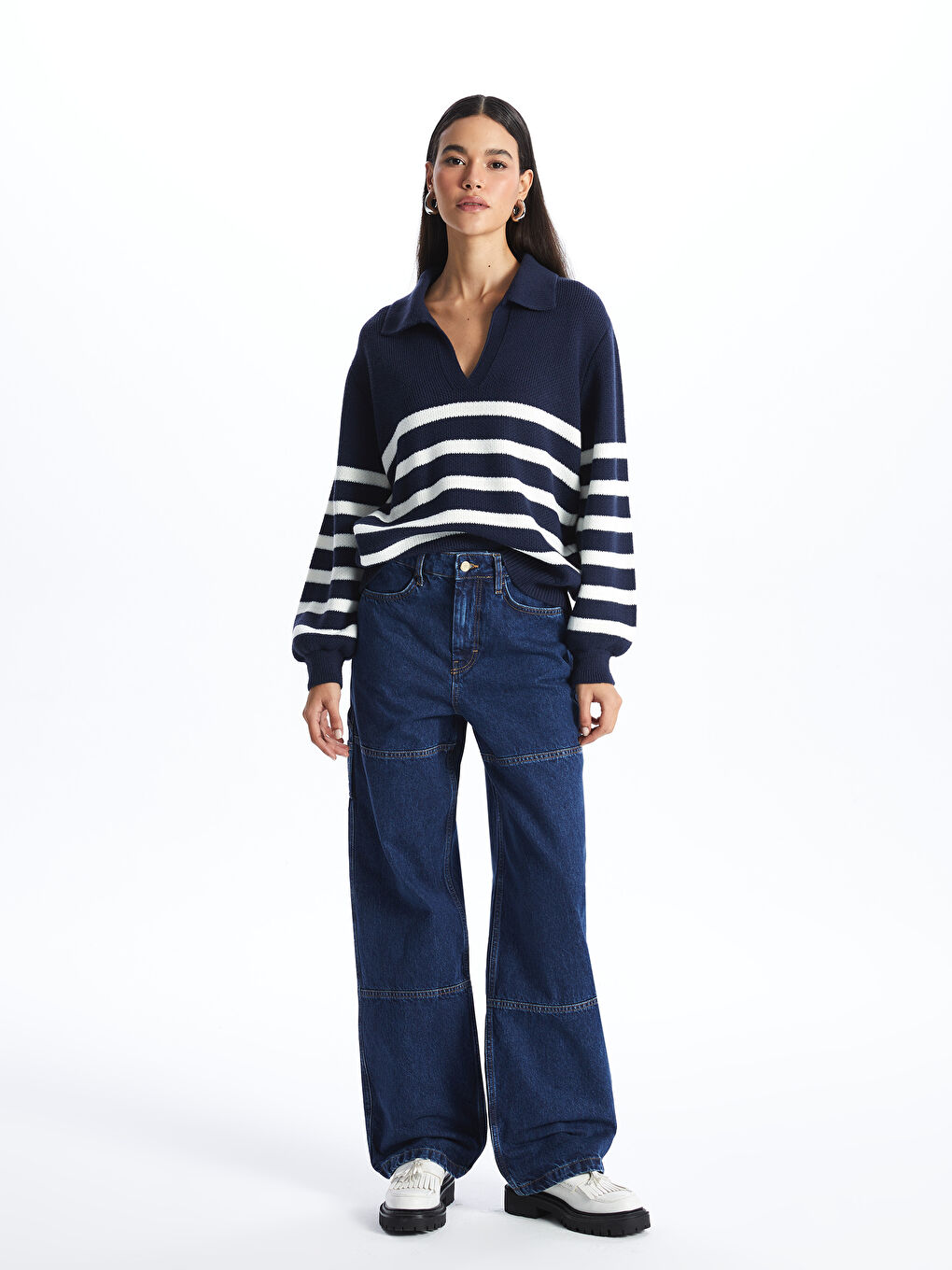 Lacivert Polo Yaka Çizgili Uzun Kollu Kadın Triko Kazak-2