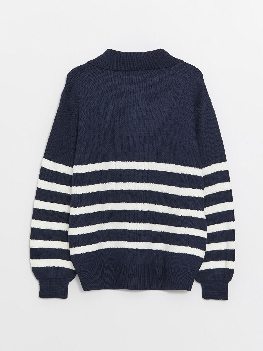 Lacivert Polo Yaka Çizgili Uzun Kollu Kadın Triko Kazak-6