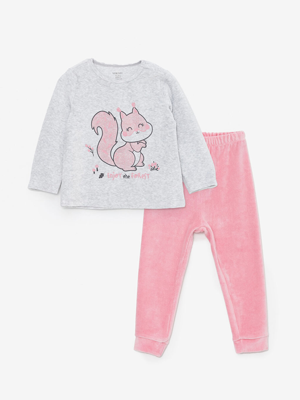 Beyaz Bisiklet Yaka Baskılı Kadife Kız Bebek Pijama Takım