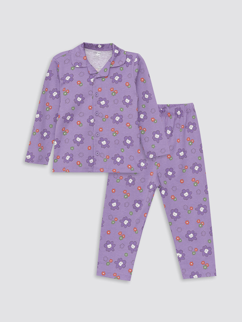 LCW baby Açık Mor Baskılı Gömlek Yaka Uzun Kollu Baskılı Kız Bebek Pijama Takımı