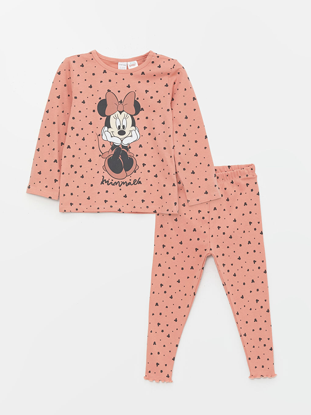 LCW baby Mat Mercan Baskılı Bisiklet Yaka Minnie Mouse Baskılı Kız Bebek Pijama Takımı