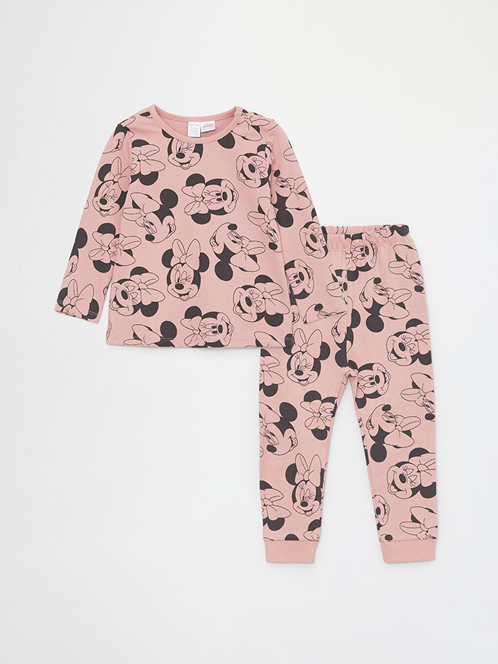 LCW baby Mat Pembe Baskılı Bisiklet Yaka Minnie Mouse Baskılı Kız Bebek Pijama Takımı