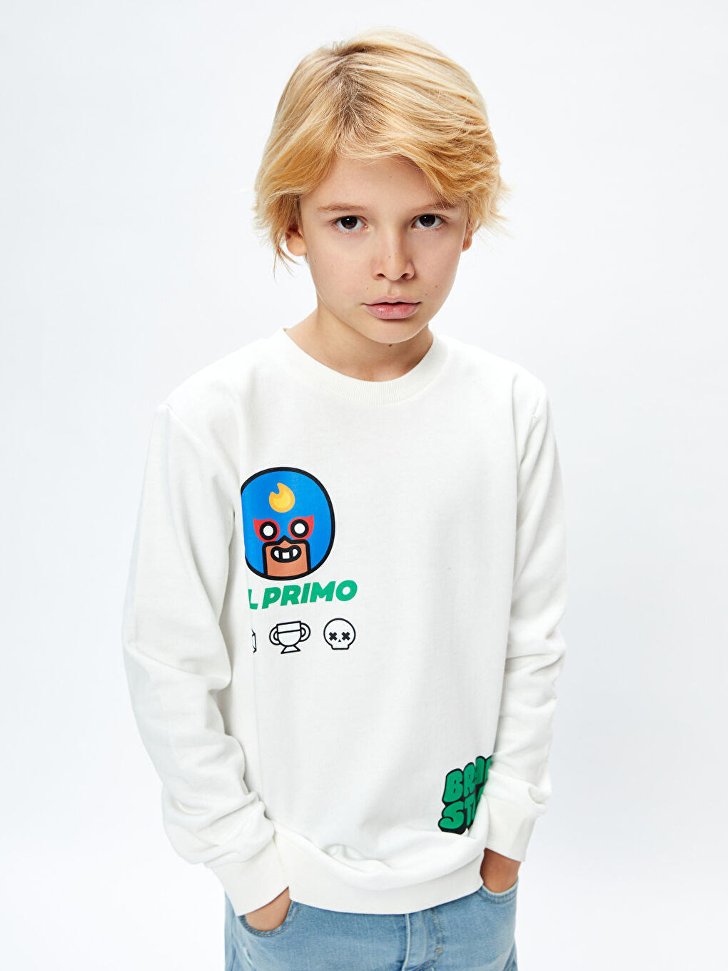 LCW Kids Ekru Bisiklet Yaka Brawl Stars Baskılı Uzun Kollu Erkek Çocuk Sweatshirt - 1