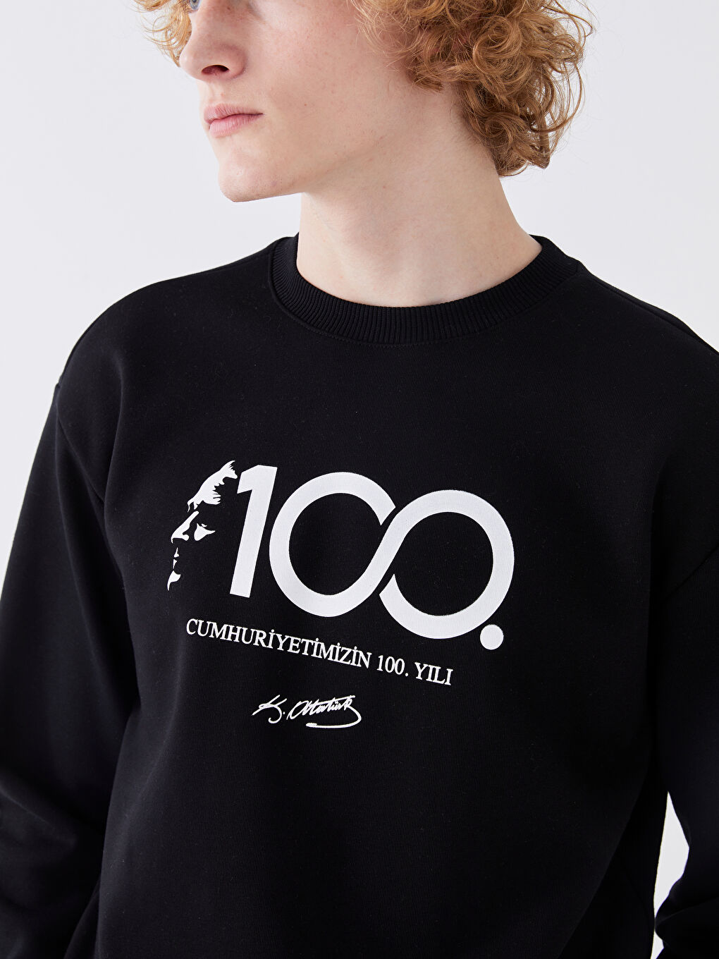 XSIDE Yeni Siyah Bisiklet Yaka Uzun Kollu 100.Yıl Atatürk Baskılı Erkek Sweatshirt - 3