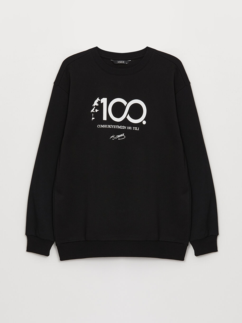 XSIDE Yeni Siyah Bisiklet Yaka Uzun Kollu 100.Yıl Atatürk Baskılı Erkek Sweatshirt - 5