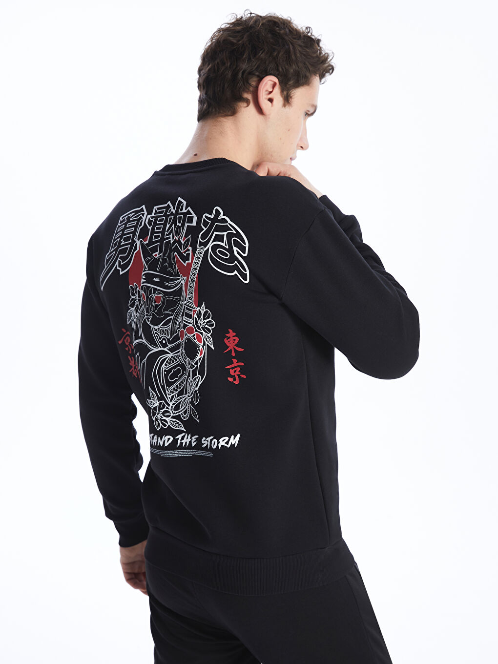 XSIDE Yeni Siyah Bisiklet Yaka Uzun Kollu Baskılı Erkek Sweatshirt