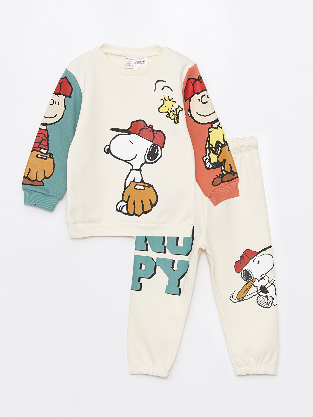 LCW baby Açık Bej Bisiklet Yaka Uzun Kollu Snoopy Baskılı Erkek Bebek Sweatshirt ve Eşofman Alt 2'li Takım