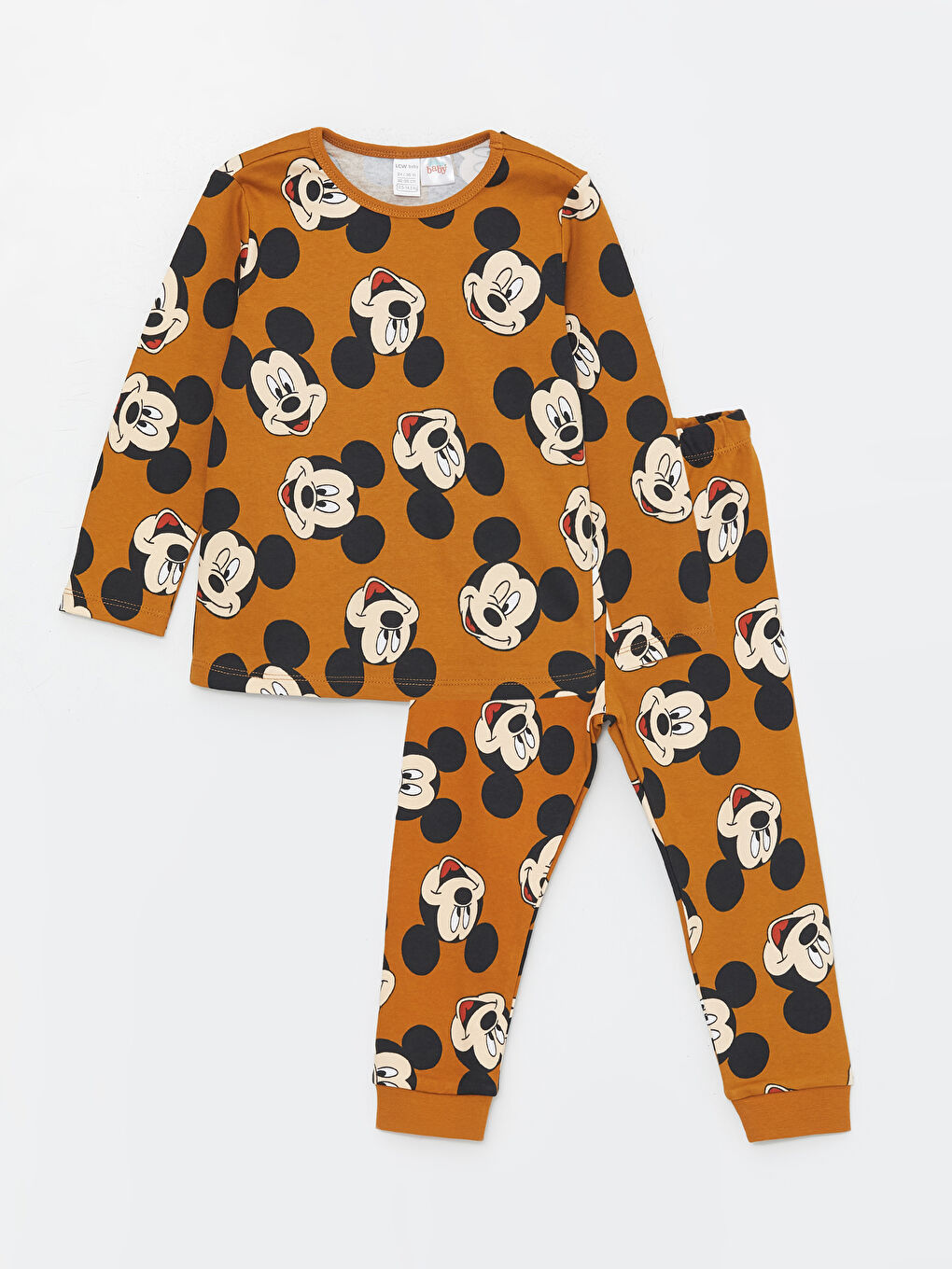 LCW baby Kahverengi Baskılı Bisiklet Yaka Mickey Mouse Baskılı Erkek Bebek Pijama Takımı