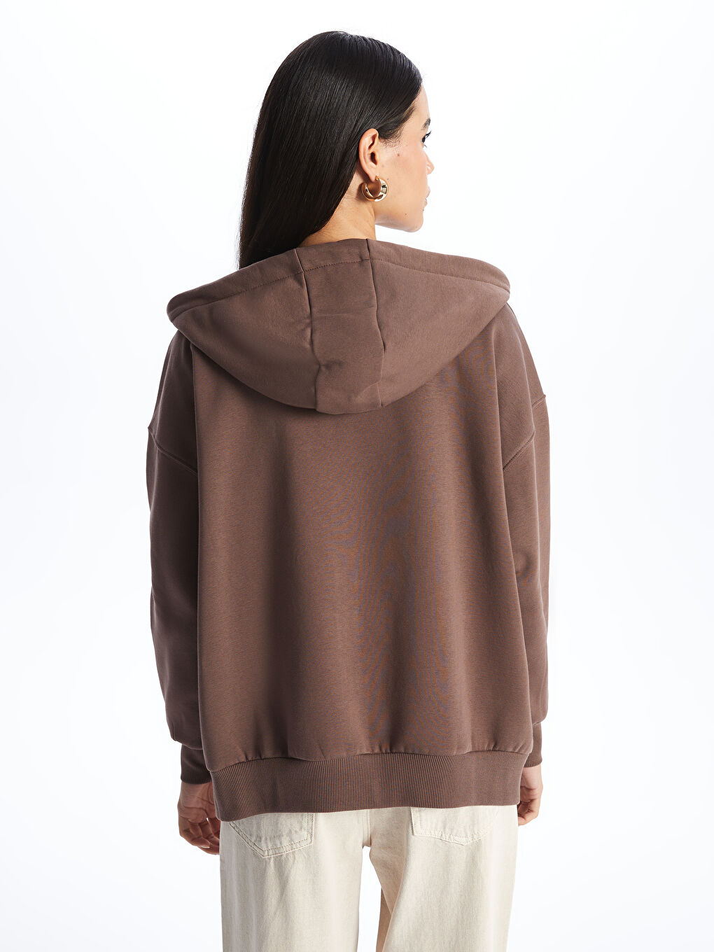 LCW Vision Kahverengi Kapüşonlu Oversize Kadın Fermuarlı Sweatshirt - 4