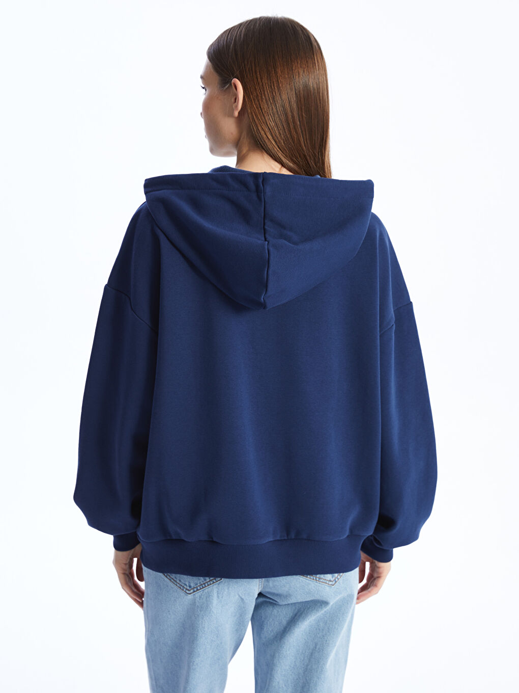 LCW Vision Lacivert Kapüşonlu Baskılı Oversize Kadın Kalın Fermuarlı Sweatshirt - 4