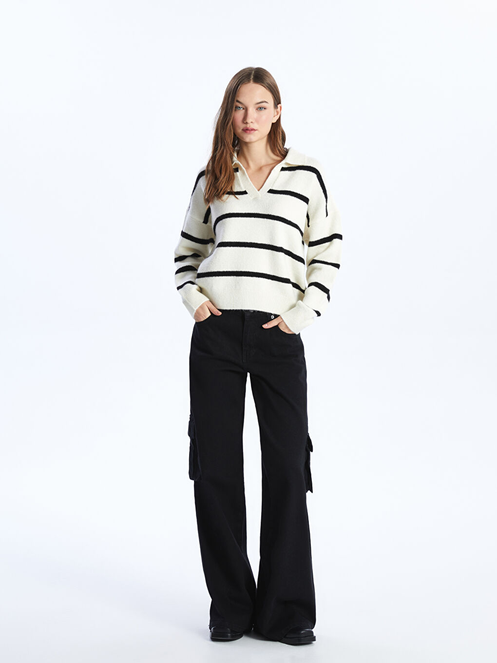 Siyah Wideleg Kadın Kargo Jean Pantolon