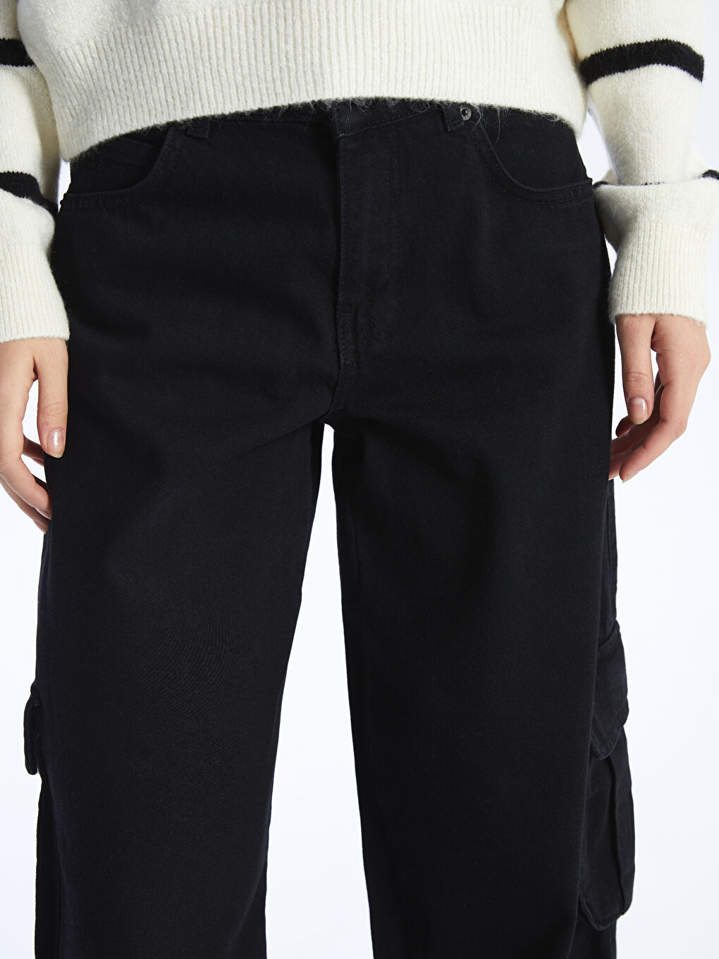 Siyah Wideleg Kadın Kargo Jean Pantolon-1