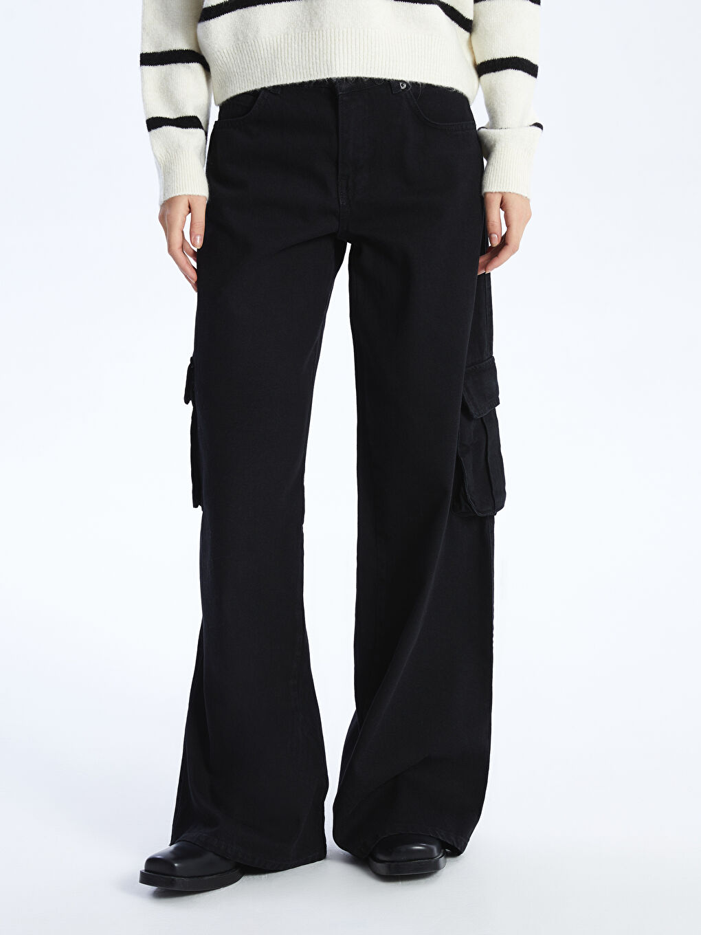 Siyah Wideleg Kadın Kargo Jean Pantolon-2