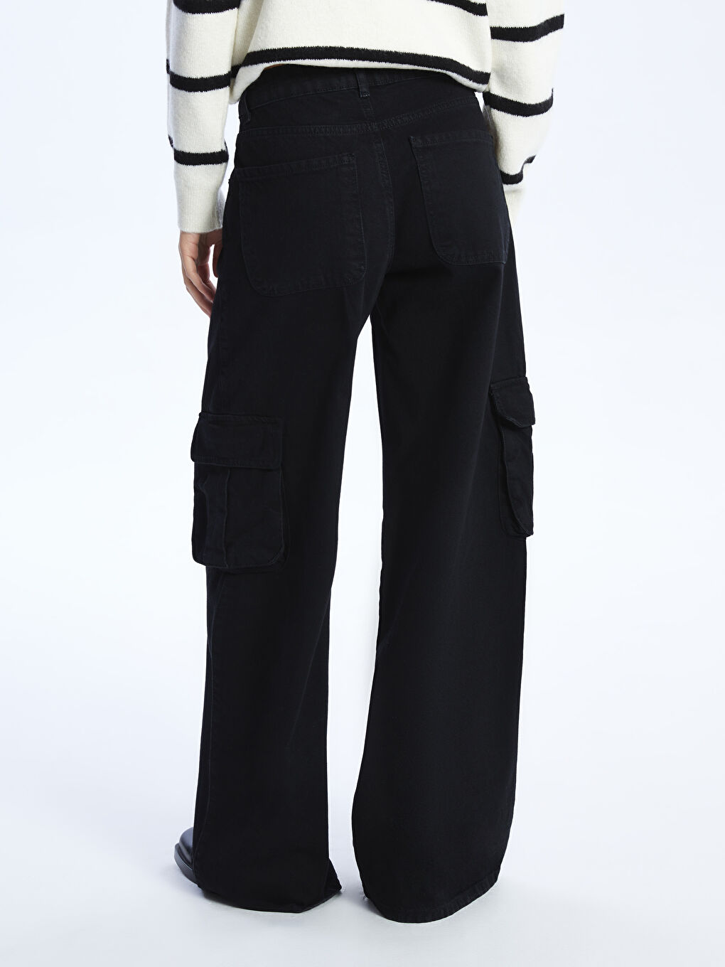 Siyah Wideleg Kadın Kargo Jean Pantolon-3