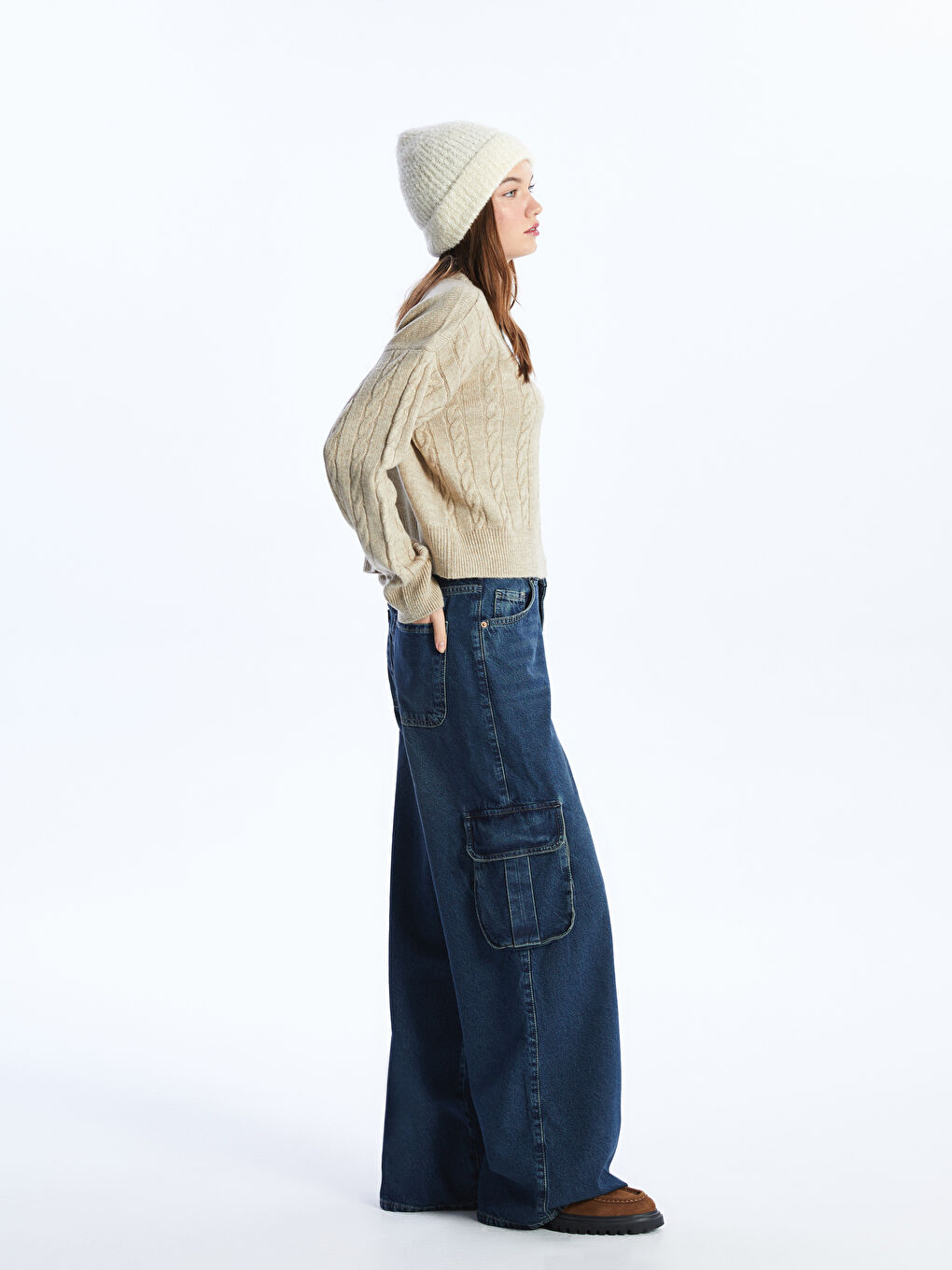 İndigo Wideleg Kadın Kargo Jean Pantolon-1