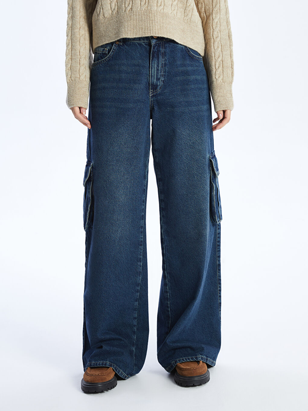 İndigo Wideleg Kadın Kargo Jean Pantolon-3