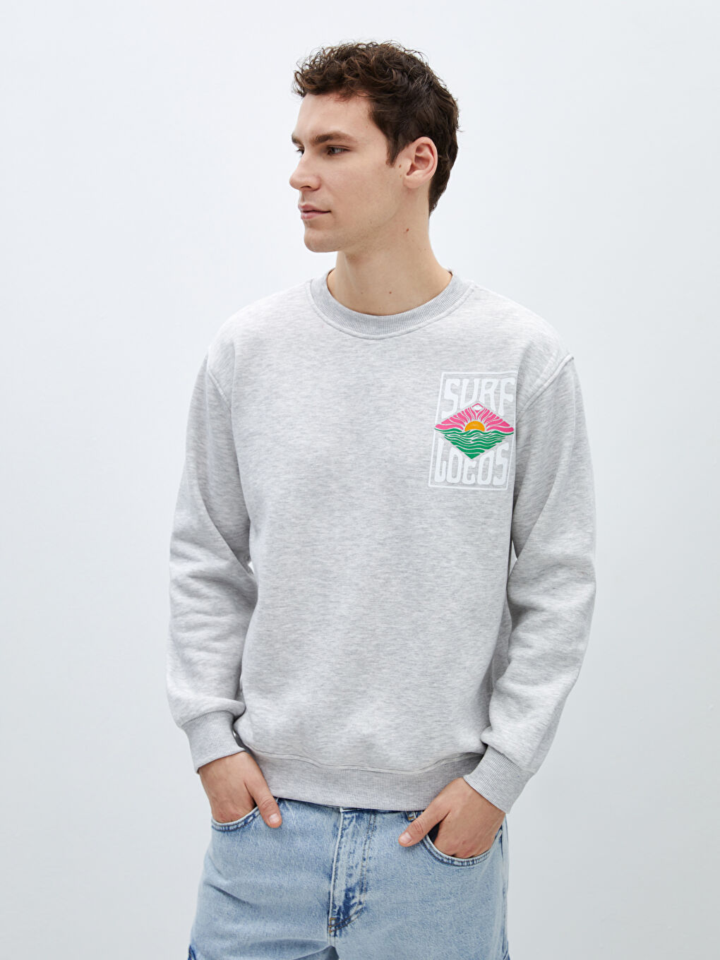 CALİMERA MODA Gri Melanj Bisiklet Yaka Uzun Kollu Baskılı Erkek Sweatshirt