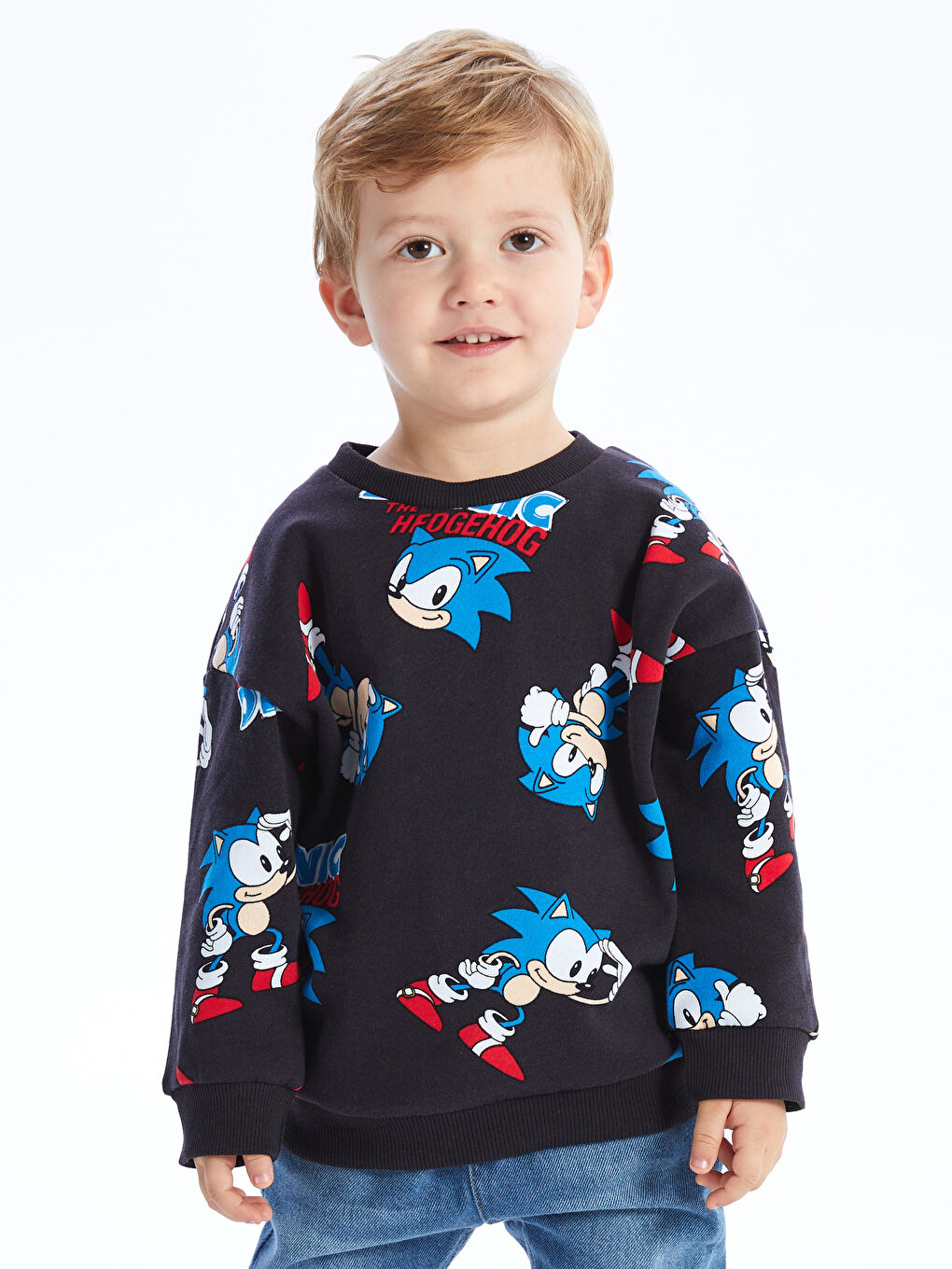 LCW baby Antrasit Baskılı Bisiklet Yaka Uzun Kollu Sonic The Hedgehoc Baskılı Erkek Bebek Sweatshirt