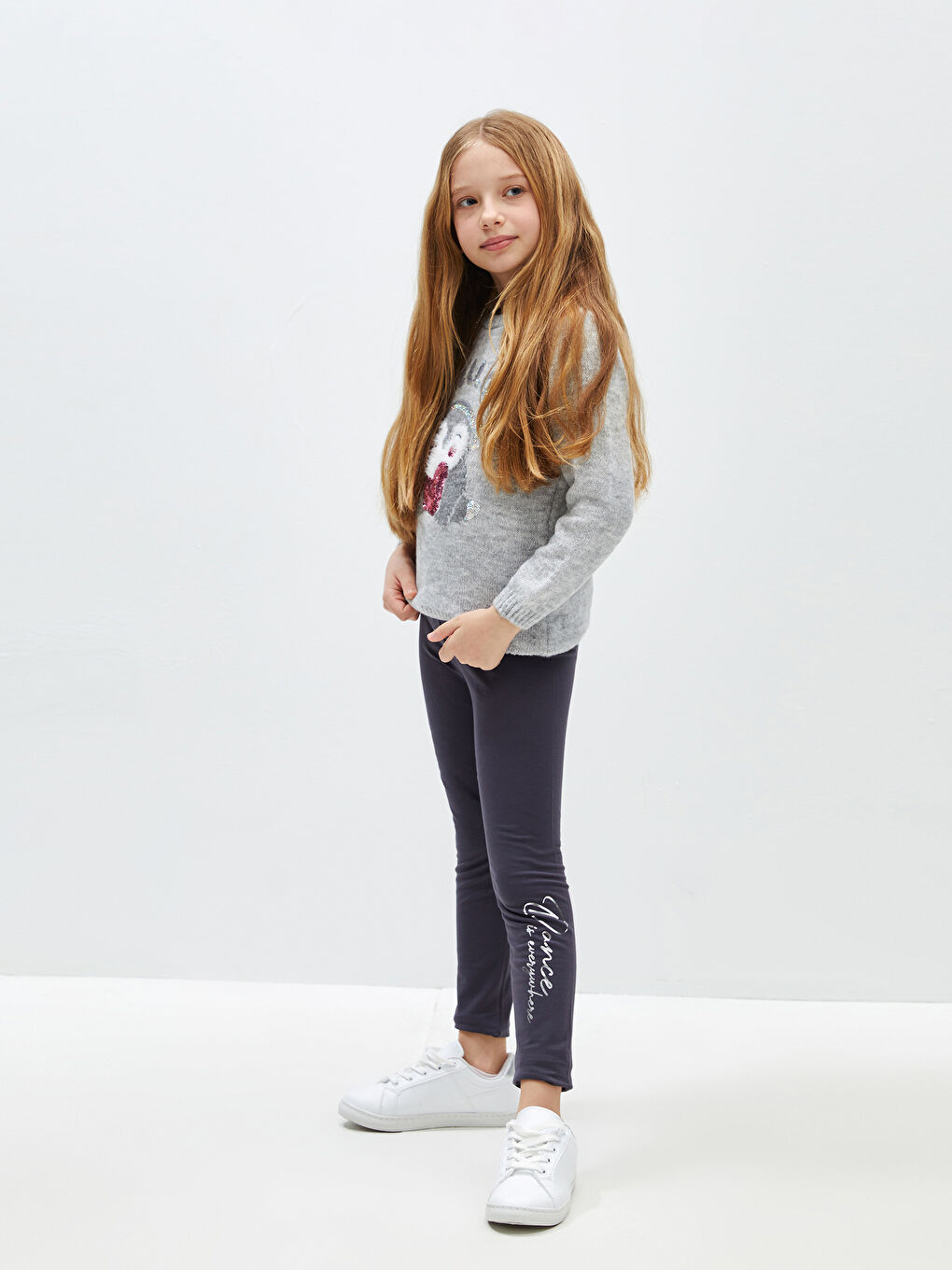 Antrasit Beli Lastikli Baskılı Kız Çocuk Tayt-1