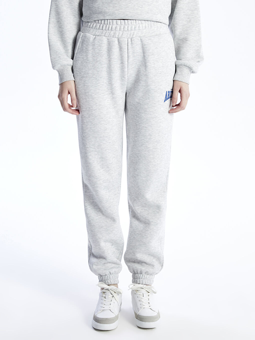 Gri Beli Lastikli Baskılı Kadın Jogger Spor Eşofman Altı-2