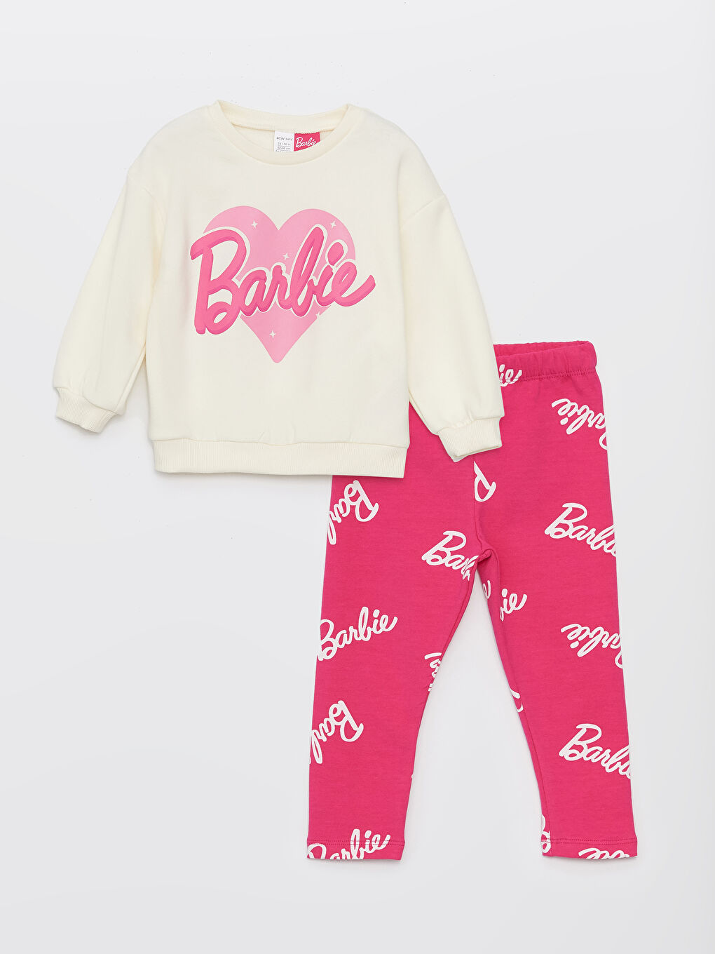 Ekru Bisiklet Yaka Uzun Kollu Barbie Baskılı Kız Bebek Sweatshirt ve Eşofman Alt 2'li Takım